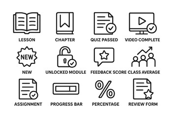 Education achievement icons: lesson, quiz passed, and video completion indicators