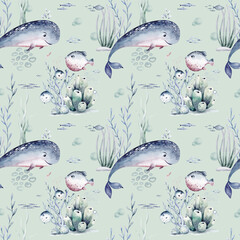 Watercolor seamless pattern with underwater world Bright fish, whale, shark dolphin starfish animals. Jellyfish seashells. Sea and ocean fish life background