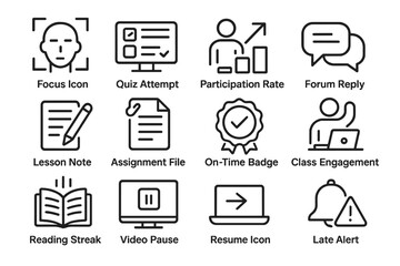 “educational icons set representing learning engagement and assessment tools”