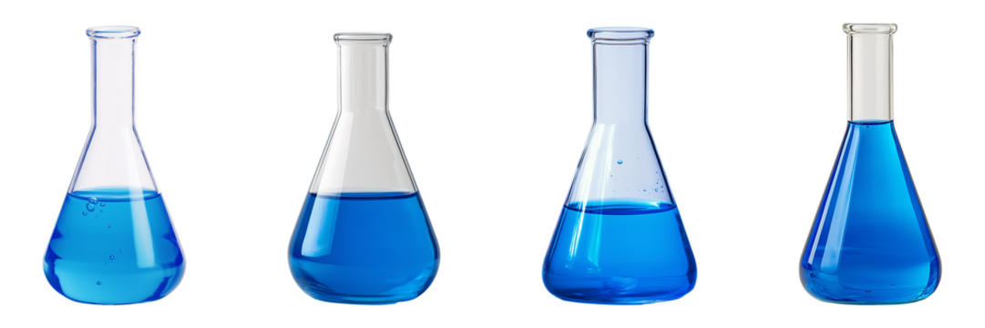 Four glass Erlenmeyer flask containers holding shiny blue liquid stand isolated on transparent background - Powered by Adobe