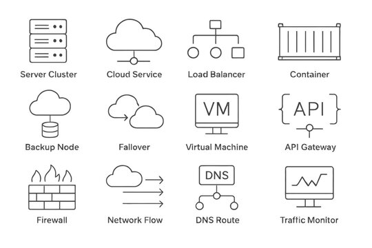 Tech icons: server cluster, cloud service, load balancer, container, api, firewall, dns