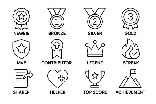 Digital badge icons: newbie, bronze, silver, gold, mvp, contributor, legend, streak