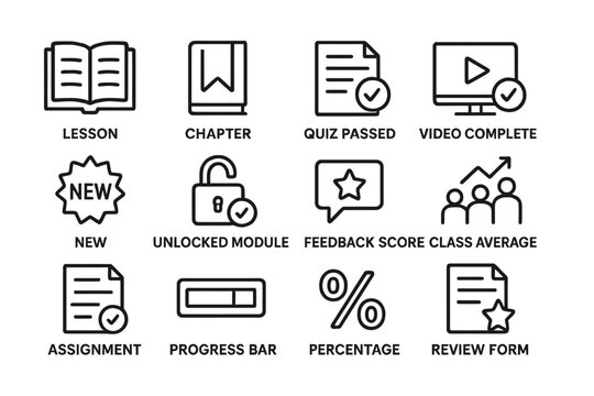 Education achievement icons: lesson, quiz passed, and video completion indicators