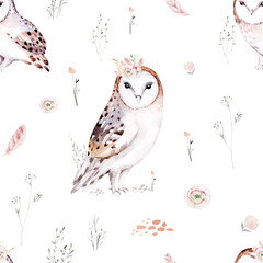 Woodland watercolor cute animals baby owl. Scandinavian owls on forest nursery poster design. Isolated charecter