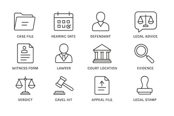 Legal icons set featuring case file, hearing date, lawyer, and court symbols