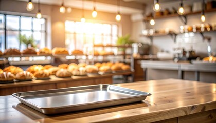 Artisan delights bakery warm food photography in a cozy interior with stainless steel accents