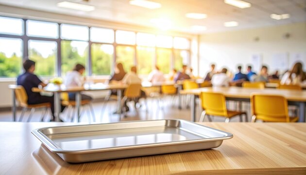 Plastic cafeteria tray on table school lunchroom background educational setting blurred environment conceptual focus