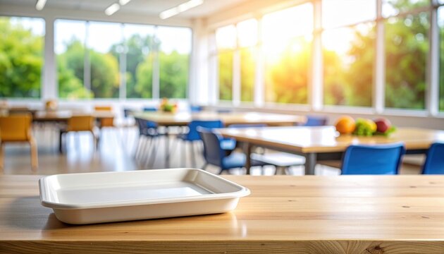 Lunch tray on table school lunchroom educational setting blurred background plastic tray standard environment