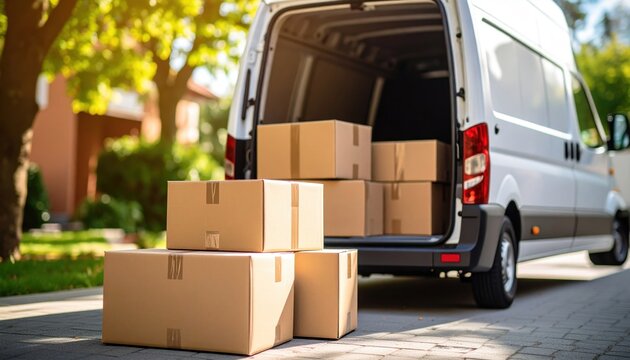 Last mile delivery sealed packages outside open van on residential street