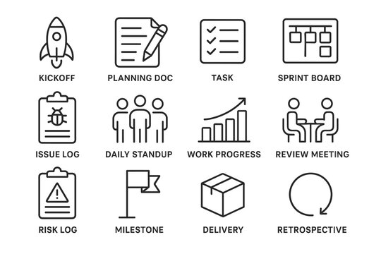 Project management icons: planning, tasks, meetings, progress tracking, and risk management