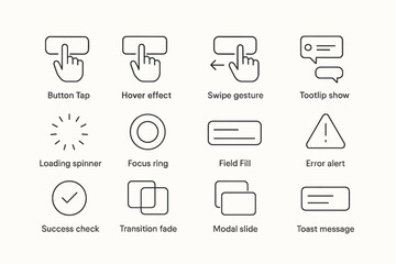 User interface icons: button tap, swipe gesture, error alert, loading spinner, success check