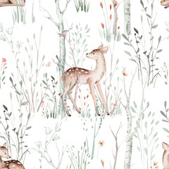 Watercolor Woodland animals seamless pattern. Fabric wallpaper forest with baby deer trees. bird baby animal Nursery background