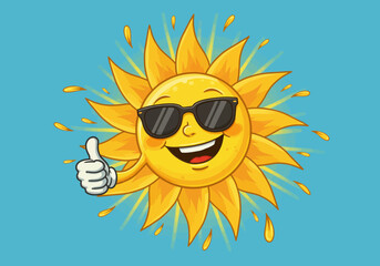 Cartoon Sun Character with Sunglasses and Thumbs Up Gesture