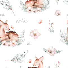 Watercolor Woodland animals seamless pattern. Fabric wallpaper forest with baby deer. Owl, fox and butterfly, Bunny rabbit set of forest, bear and bird baby animal Nursery