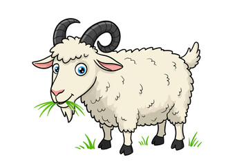 Cartoon Goat Eating Grass with Curled Horns
