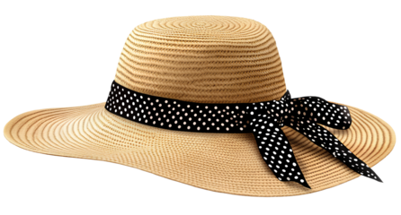 A straw hat with a black and white polka dot ribbon on the brim, with a transparent background.