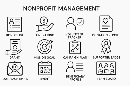 Nonprofit management icons for fundraising, volunteer tracking, and campaign planning
