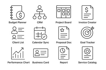 Business tools icons: budget, crm, project management, invoice, goal tracking
