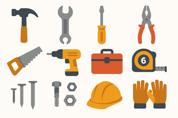 Obraz premium Collection of construction tools and safety equipment icons