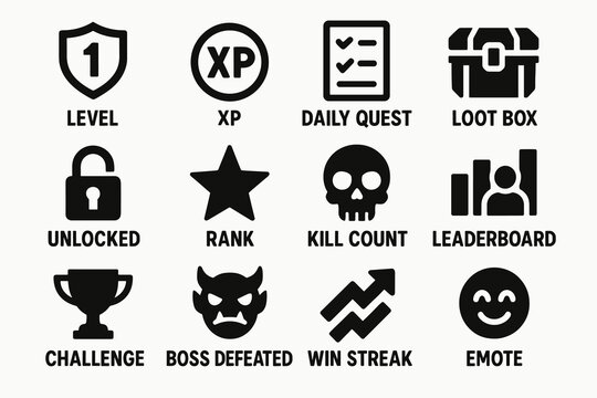 Video game interface icons: level, xp, daily quest, loot box, emote