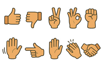 Fototapeta premium Set of hand gesture icons including thumbs up and peace sign on brown background