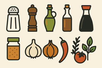 Collection of spice containers and vegetables illustrations on beige background