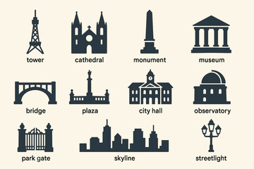 Icon set featuring urban architecture and landmarks