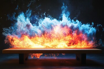 Wooden table engulfed in fire and smoke against dark background. use cases: product display, special effects, dramatic visuals.