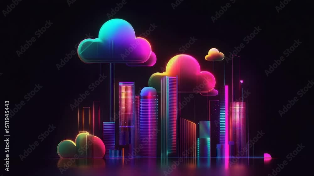 Aufkleber futuristic cityscape with vibrant clouds. dynamic digital city, illuminated by neon colors. abstract
