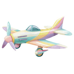 Colorful airplane design with a sleek shape and propeller, showcasing artistic details and vibrant hues. transparent background
