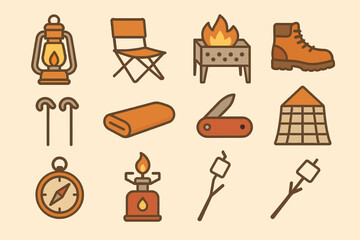 Camping gear icons: lantern, chair, firepit, hiking boot, trekking poles, towel, knife, tent, compass, stove, marshmallow sticks