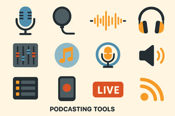 Essential tools for podcasting: microphone, headphones, soundwave, mixer, live icon