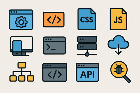 Web development icons: code, css, js, api, cloud, network, bug, framework
