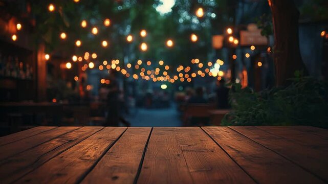 Charming outdoor cafe scene with warm lighting and a rustic wooden table texture