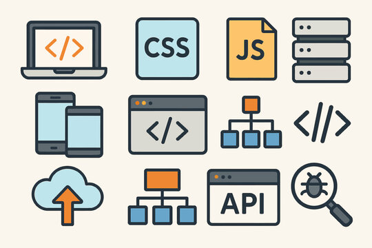 Web development icons: code, css, javascript, api, cloud, and mobile devices