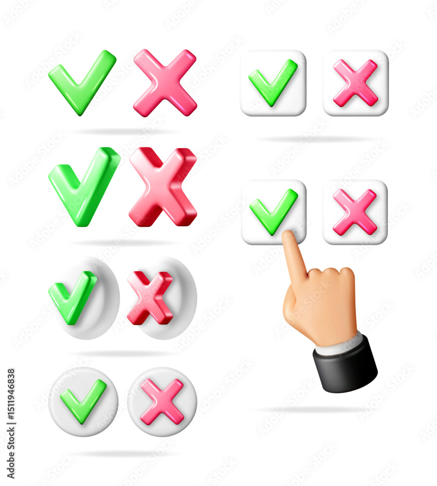 Poster green 3d check mark symbol and red cross mark icons set in various styles with man hand choosing opt