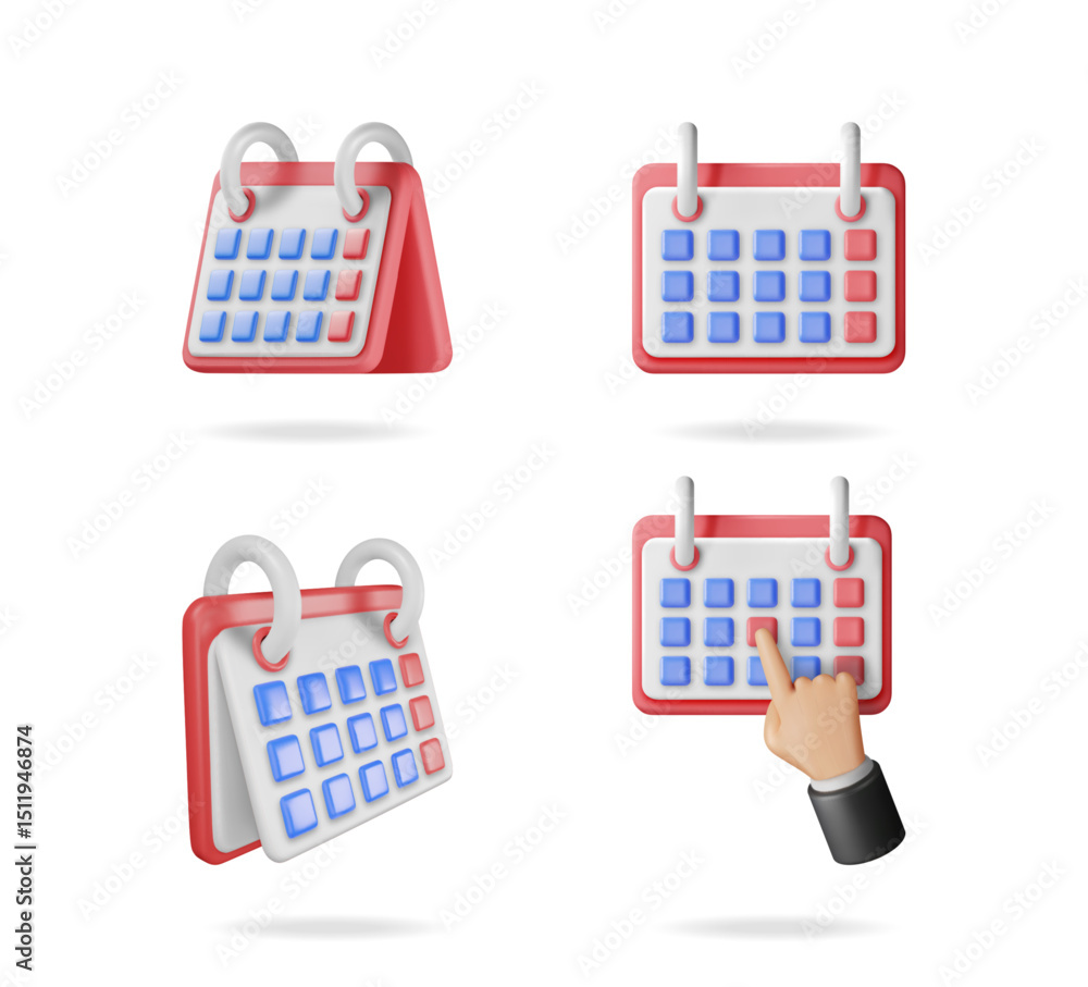 Poster a calendar with various poses including a man's hand pointing at a date. time management and appoint