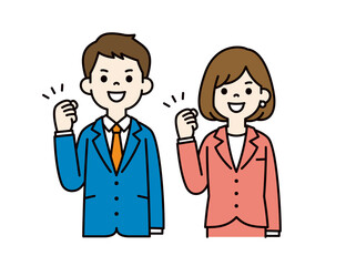 元気にガッツポーズをする、ビジネスマンのシンプルなベクターイラスト素材＿男女セット＿カラー
