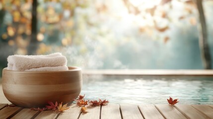 A tranquil spa setting featuring neatly stacked towels beside gentle rippling water and scattered autumn leaves, creating a serene atmosphere perfect for relaxation and rejuvenation.