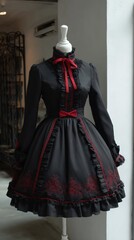 Obraz premium Elegant black lolita dress with red accents on mannequin in boutique setting