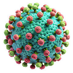 A highly detailed, microscopic view of a virus, showcasing its spherical shape and surface proteins. The vibrant colors enhance the visual impact of its complex structure.