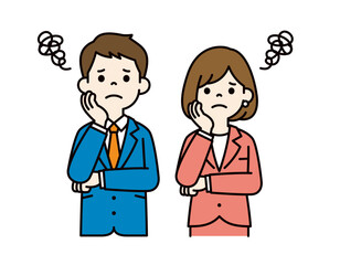 顎に手をあてて悩む、ビジネスマンのシンプルなベクターイラスト素材＿男女セット＿カラー