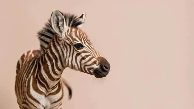 Close up of funny baby zebra foal with brown and white stripes twitching tail on beige background with copy space. International Zebra Day, January 31
