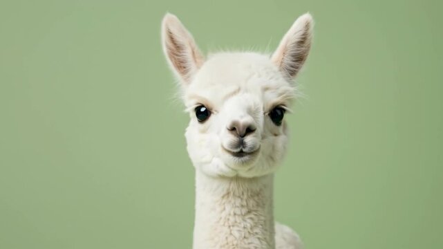 Adorable white baby alpaca cria looking at camera on green background. Cute fluffy young alpaca portrait with copy space. Slow zoom.