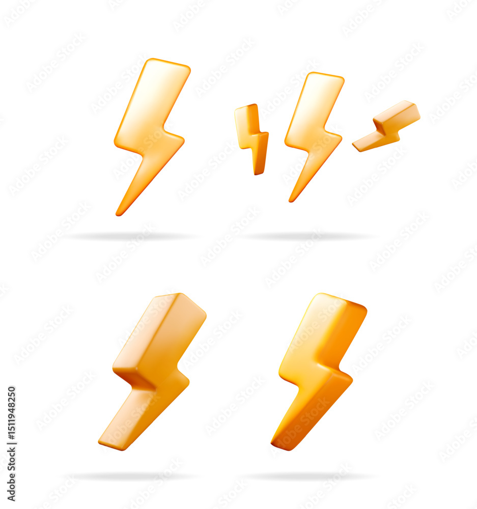 Poster 3d vector set of orange lightning bolt symbols representing power, energy, and speed. modern web and