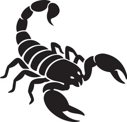 A black and white vector illustration of a scorpion