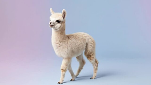 Cute white baby alpaca cria walking on a pastel purple and blue gradient studio background. Adorable fluffy young alpaca farm animal banner with copy space.