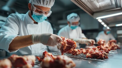 A dynamic kitchen scene showing chefs in masks and gloves handling raw meat, highlighting the precision, teamwork, and safety in professional culinary environments.