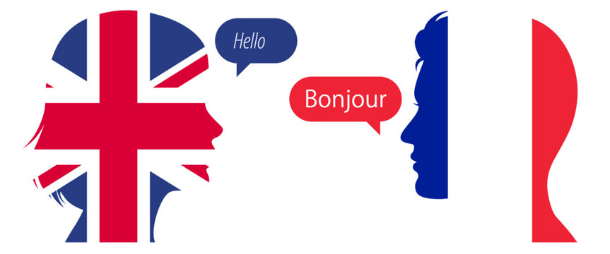 Silhouettes of people holding English and French flags, saying Hello and Bonjour. Concept of international communication, language learning and cultural exchange