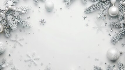 A pristine white backdrop adorned silver festive ornaments, frosted pine branches, , snowflake embellishments creating serene winter frame. Ideal for seasonal greetings , holiday design projects. - Powered by Adobe